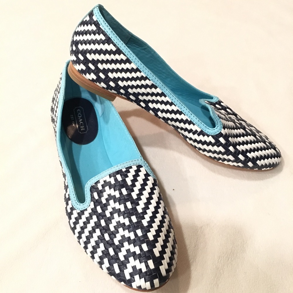 COACH Catrin Woven Leather Loafers White&Navy NEW
